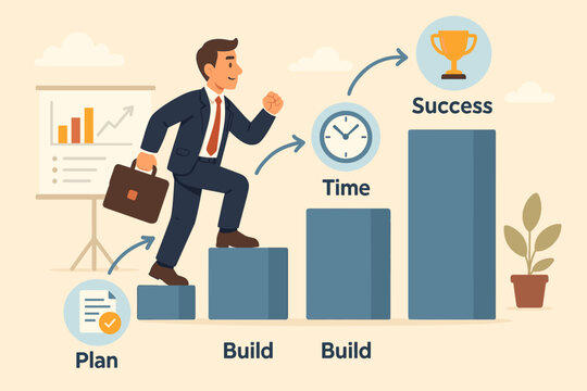 Career ladder metaphor with a businessman climbing steps to success. Project management timeline and business strategy infographic showing plan, build, time, and achievement trophy.