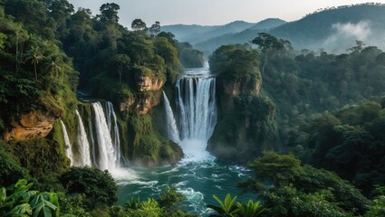 Fototapeta premium Lush green forest with waterfalls flowing over cliffs, surrounded by mountains and mist, creating a scenic tropical landscape
