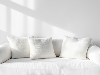 A cozy and minimalist white sofa with plush pillows in a bright living room setting