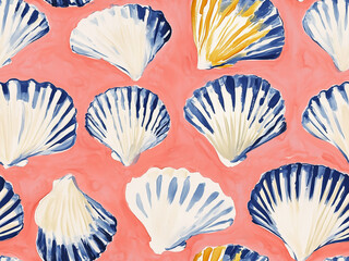 Watercolor Seashells on Coral Background Seamless Repeating Pattern