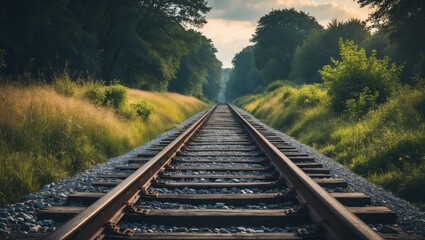 Fototapeta premium A railway track surrounded by greenery and trees on both sides, extending into the distance under a partly cloudy sky.