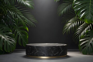 Obraz premium Dark Marble Pedestal with Lush Tropical Foliage: Elegant, Moody Product Display