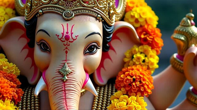 Buddha Purnima, Vesak day. Small ganesh statue with orange flowers around it. The statue is of a small ganesh with a red nose