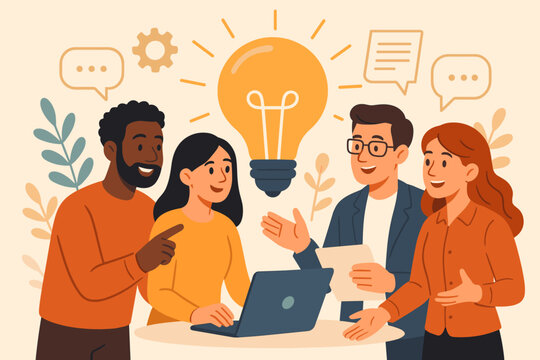 Diverse business team brainstorming, sharing creative ideas, teamwork collaboration, group discussion, innovation, knowledge exchange, office meeting, light bulb concept, cartoon vector illustration