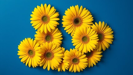 Vibrant yellow gerbera flowers in circular arrangement against blue.