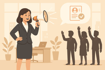 Female manager announcing job vacancies with megaphone in modern office, recruiting new employees, attracting talent, human resources, hiring process, corporate recruitment vector illustration