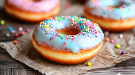 Close up of donuts with colorful sprinkles and blue frosting on parchment paper on a wooden surface