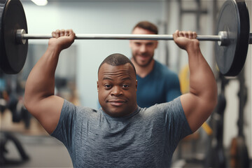 Individual lifts weights with focus while trainer provides encouragement in a gym setting during daytime