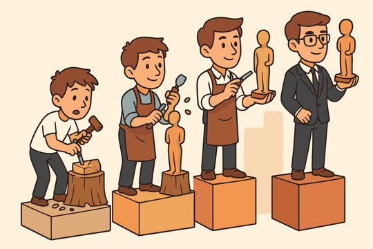 Skill Development Progression Cartoon, Novice to Expert, Craftsmanship Journey, Personal Growth, Learning Stages, Self Improvement, Mastery, Achievement, Vector Illustration, No Text