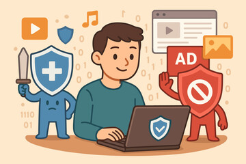 Cybersecurity protection concept. Cartoon illustration of internet safety, online privacy, ad blocker, antivirus shield, secure browsing, digital security, data protection, web safety, malware defense