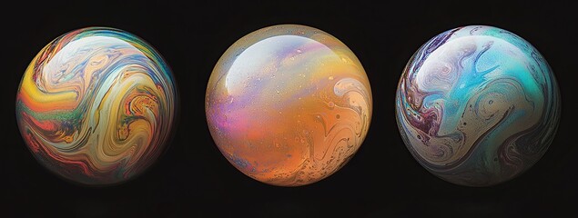 Three soap bubbles, front view, against a black background, displaying iridescent colors