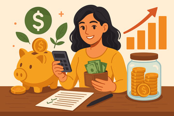 Financial planning woman with calculator, wallet cash, piggy bank, coins jar, investment growth chart. Budgeting, saving money, personal finance management, wealth, smart money habits, cartoon vector