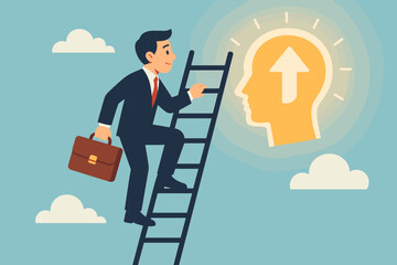 Ambitious Businessman Climbing Ladder Toward Human Head with Upward Arrow, Symbolizing Self-Improvement, Personal Growth, Career Success, Development, Motivation, Achievement, and Leadership