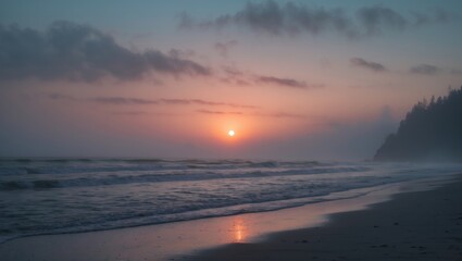 Obraz premium Sunset over the ocean with a silhouette of trees on the horizon. Calm water and coastal scenery. Nature and tranquility, sunset landscape. The scene of a peaceful sunset at the beach.