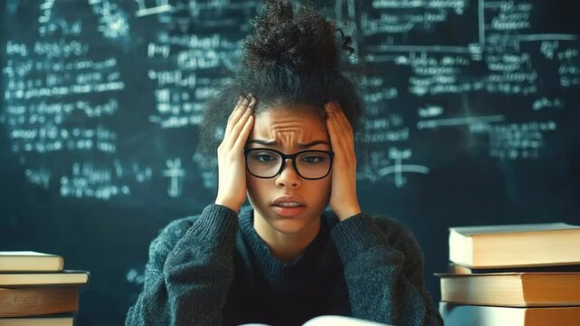 Young student with glasses feels stressed and desperate before exams. Study problems. Learning difficulties: student looks depressed, surrounded by books. Educational stress.