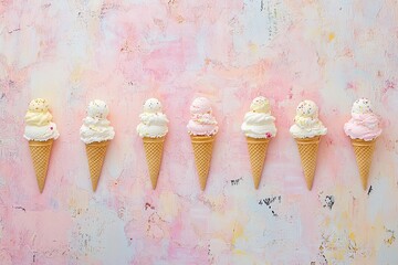 Top view of ice cream cones on a pastel background, in a flat lay composition. Minimalist concept,