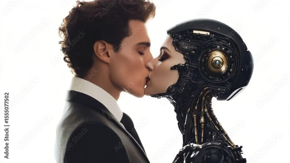 Poster a captivating image of a man kissing a cyborg, exploring themes of ai, romance and human interaction