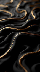 Elegant abstract composition of flowing black curves accented by delicate gold lines, evoking fluidity, luxury, movement, depth, and modern sophistication.