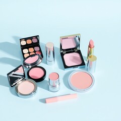 Pastel Makeup Set on Blue Background