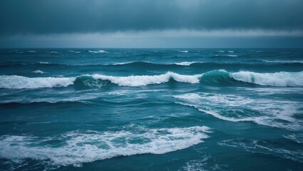 Fototapeta premium Stormy ocean with crashing waves and dark cloud sky.