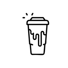 Line art coffee cup with dripping liquid radiating sparkles isolated on drink beverage
