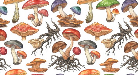 Watercolor Illustration of Diverse Colorful Mushrooms with Intricate Roots