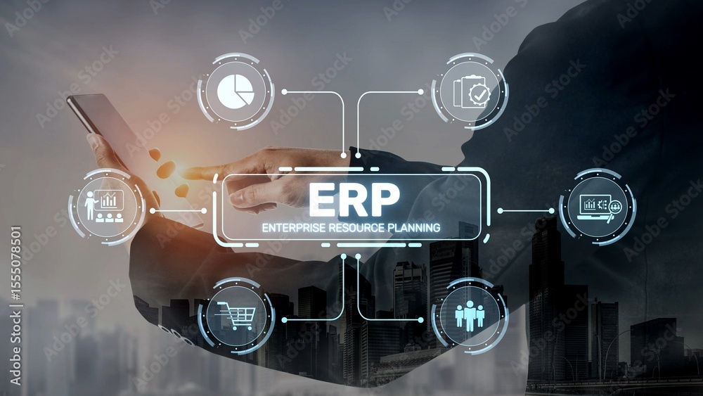 Poster erp platform visual showing centralized system for enterprise resource planning, improving integrati