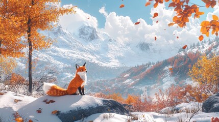 Red fox sitting on a rock in a snowy mountain landscape with autumn leaves.