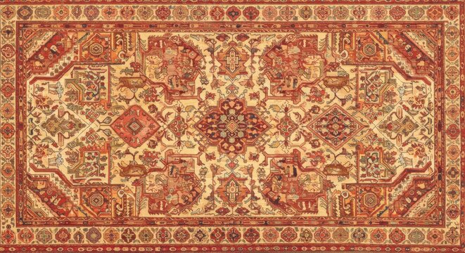 Intricate antique rug featuring geometric patterns and floral motifs in warm red and beige tones