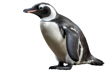 Penguin standing on a transparent background displaying its unique black and white feathers and distinct shape while looking directly at the viewer