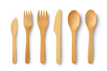 Bamboo cutlery set on white background. Eco-friendly bamboo cutlery set including fork, spoon, knife, and chopsticks, isolated on white. Ideal for sustainability, zero waste, and eco-lifestyle