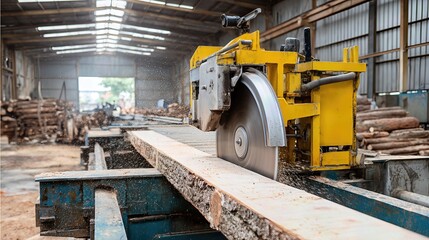 A powerful saw in a lumber mill cuts cleanly through timber, illustrating efficiency, accuracy, and the robust equipment used in industrial wood production.
