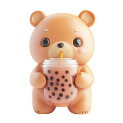 Cute bear holding bubble tea with straw, adorable 3D render of smiling bear mascot enjoying boba drink with tapioca pearls, playful and charming design