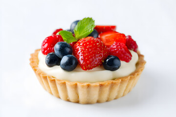 Fresh fruit tart with berries and cream. Delicious tart topped with whipped cream and fresh berries, including strawberries and blueberries, isolated on a white background.
