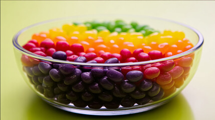 colorful rainbow colored candy balls in glass plate on table
