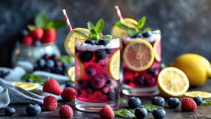 Colorful berry and lemon infused drinks with fresh berries and mint, refreshing beverages, summer drinks, and fruit-infused beverages.