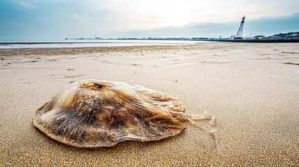 Sky and water. Jellyfish on the beach in the morning. Rhopilema nomadica jellyfish at the Mediterranean sea on the shore. Jellyfish washed up on a beach. Large jellyfish lies on the shore of a beach