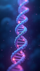 Hyper-detailed digital illustration showing a DNA double helix unraveling, glowing vibrantly with neon cyan and pink, against a soft, dark, abstract gradient background, evoking scientific wonder.
