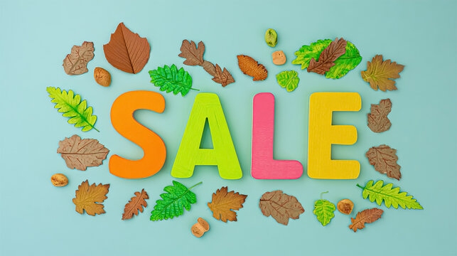 sale multicolored letters on pastel tone with decorative leaves