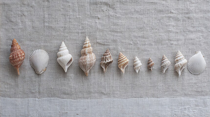 Seashells and corals on sandy beach. Stylish minimal layout from found shells and coral on ocean shore. Summer relahation concept, beach vibes. Top view nature background, copy space, pale colors