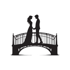 Couple Holding Hands on Bridge – Romantic Silhouette Vector in Minimal Black and White Style

