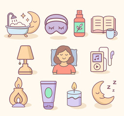 Cozy and calming icon pack with night elements like moon, skincare, bath, reading, and tea, suitable for self-care designs and relaxation themes