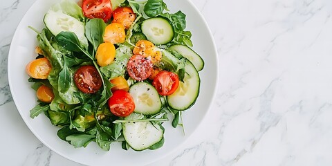 Overhead shot of fresh salad with tomatoes cucumbers and greens on a white plate and marble surface