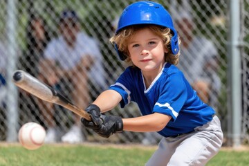 Young boy hits baseball during little league game in sunny park