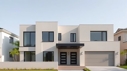 Modern residential architecture with clean lines, bathed in neutral tones under daylight.