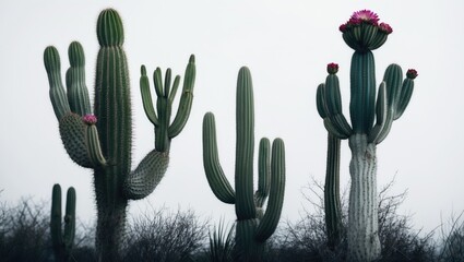 Cacti in a desert landscape with tall, green, spiny stems and pink flowers.