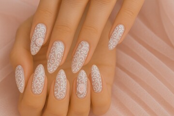 Elegant Bridal Nail Art Design Nude Almond Nails with White Lace and Rose Detailing