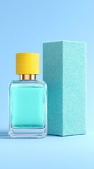 Aqua Perfume Bottle with Yellow Glitter Cap and Matching Box on Light Blue Background