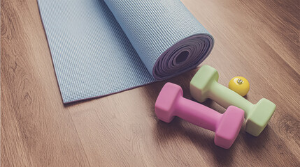 Dumbbells, thermo bottle, fitness elastic band, yoga block and mat on coral background, flat lay. Space for text