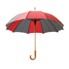 Classic red and gray striped umbrella with wooden handle isolated on transparent background